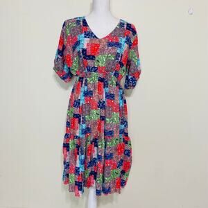 Fashion Women Casual Dress V-Neck Printed Midi Skirt Elastic Waist,(Fits M to L)